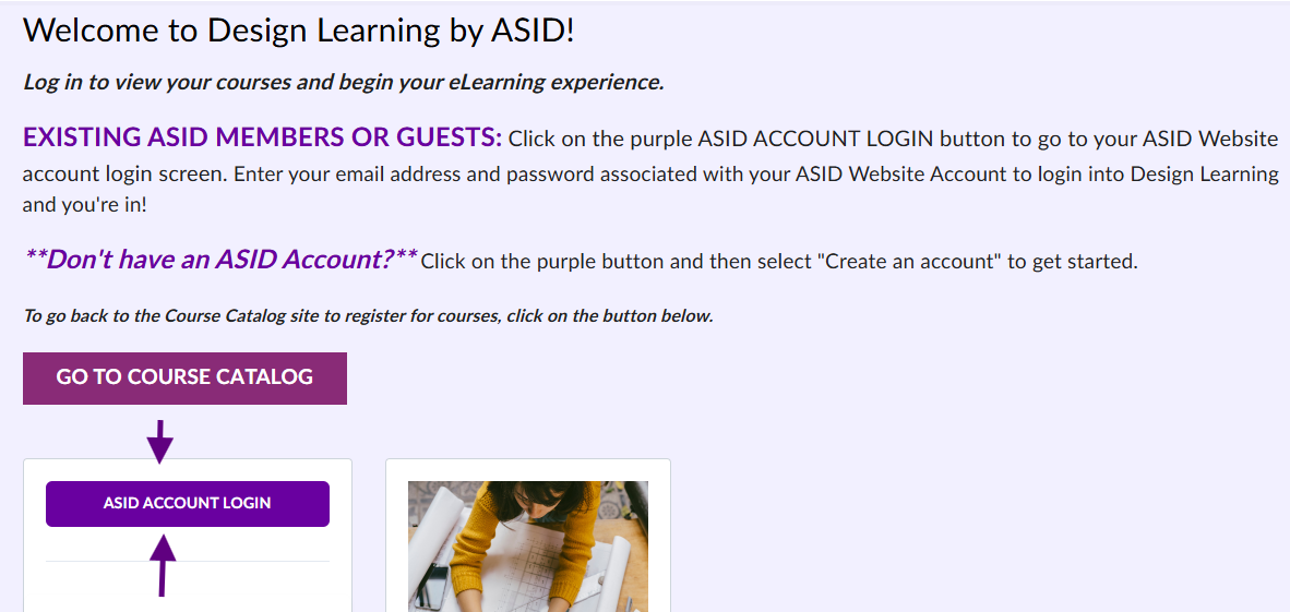Welcom to Design Learning with ASID Account Login Button highlighted.