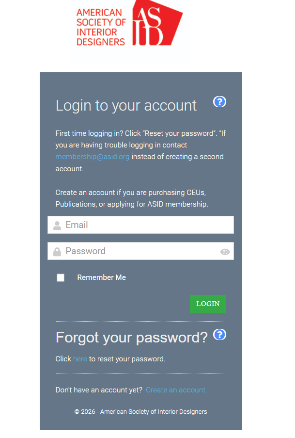ASID account login screen
